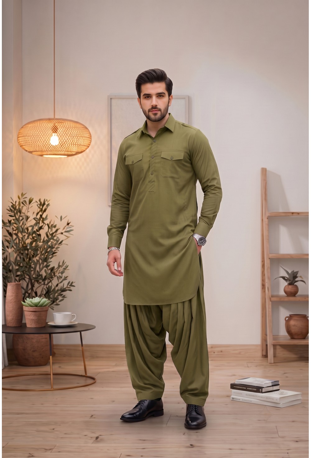 Men's Rich Olive Green Japanese Giza Cotton Pathani Kurta