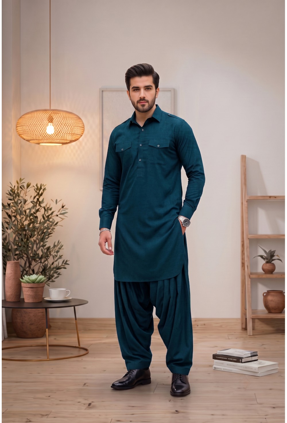 Ocean Teal Japanese Giza Cotton Pathani Kurta