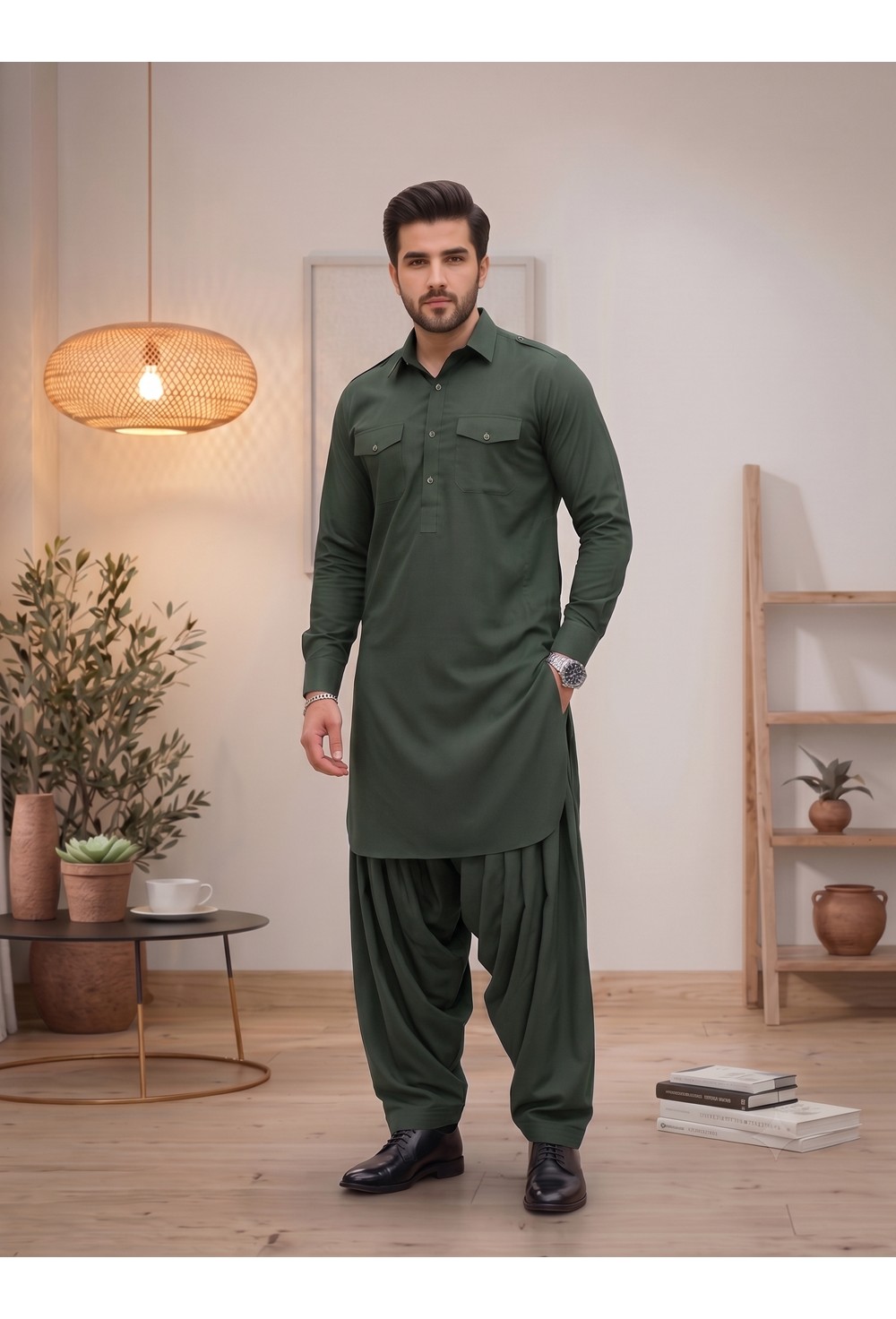 Men's Deep Forest Emerald Green Japanese Giza Cotton Pathani Kurta