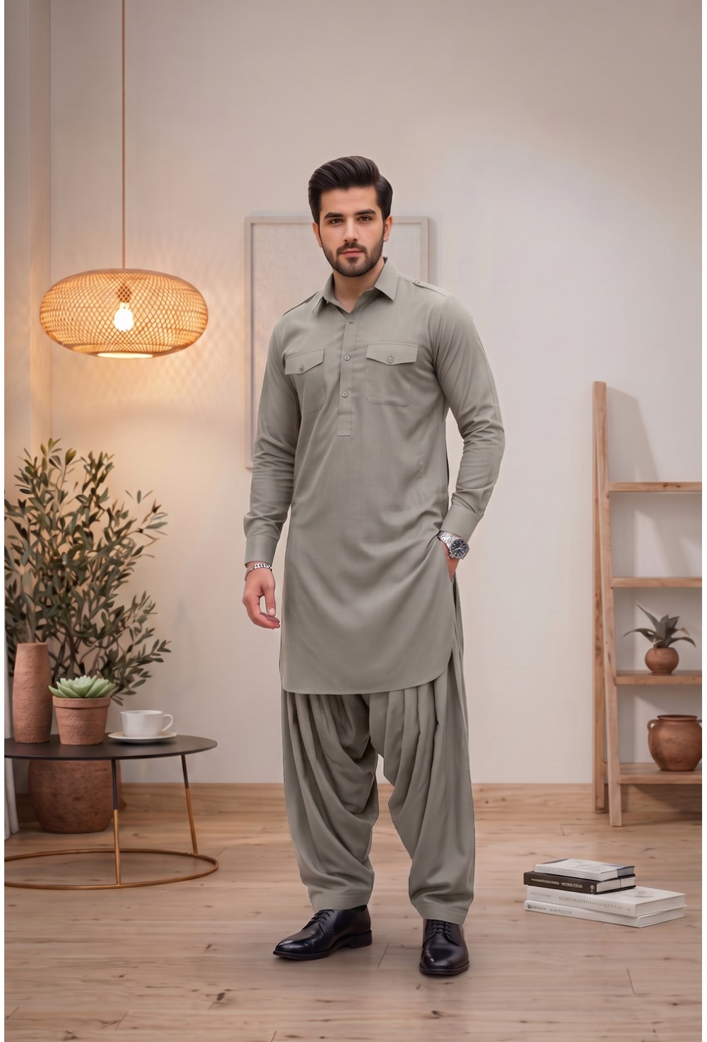 Men's Muted Olive Grey Japanese Giza Cotton Pathani Kurta