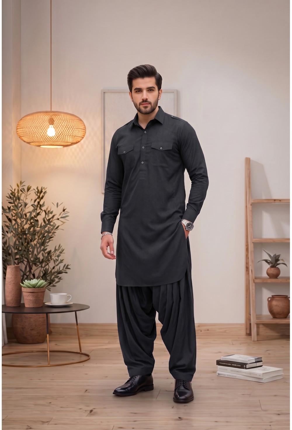 Men's Charcoal Slate Japanese Giza Cotton Pathani Kurta