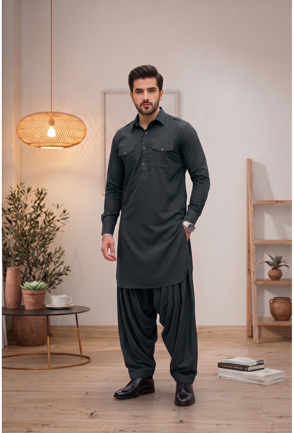 Dark Pine Green Japanese Giza Pathani kurta 