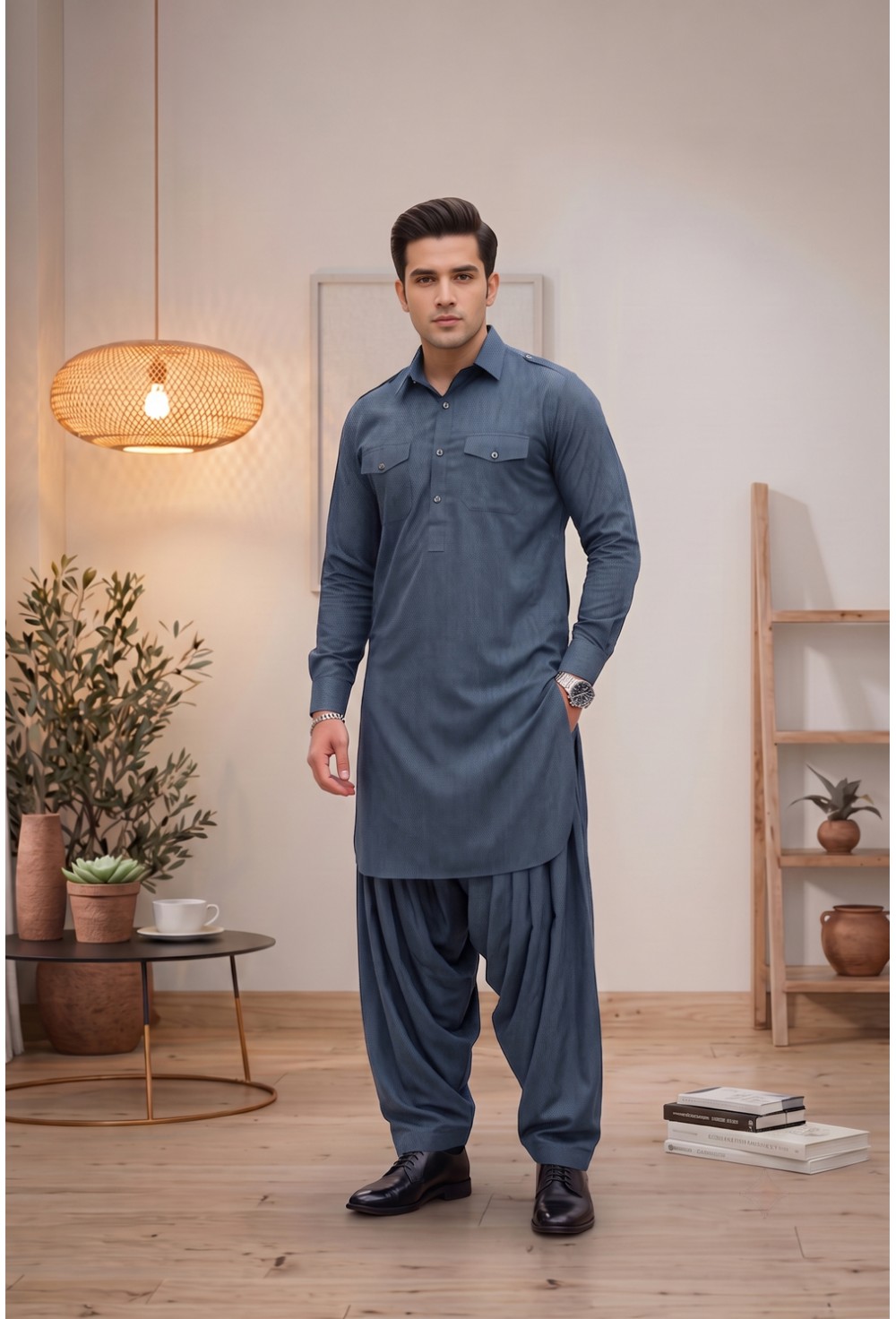 Slate Heather Blue Japanese Giza Cotton Pathani Kurta