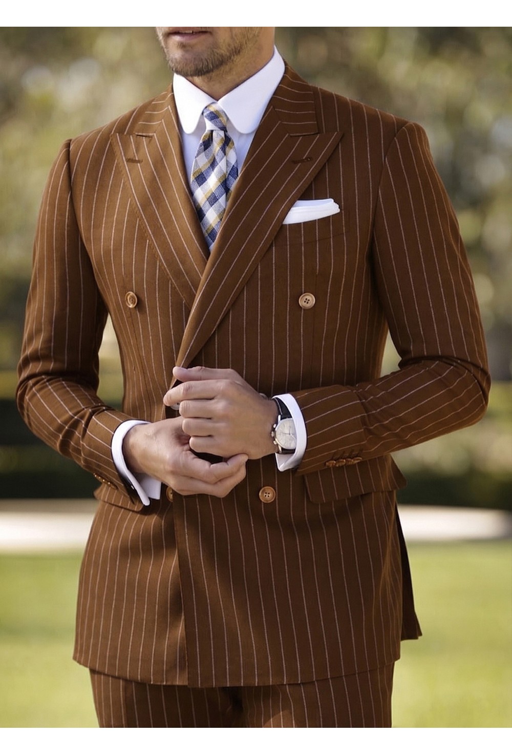 Rust Cognac Brown Chalk Stripe Double-Breasted