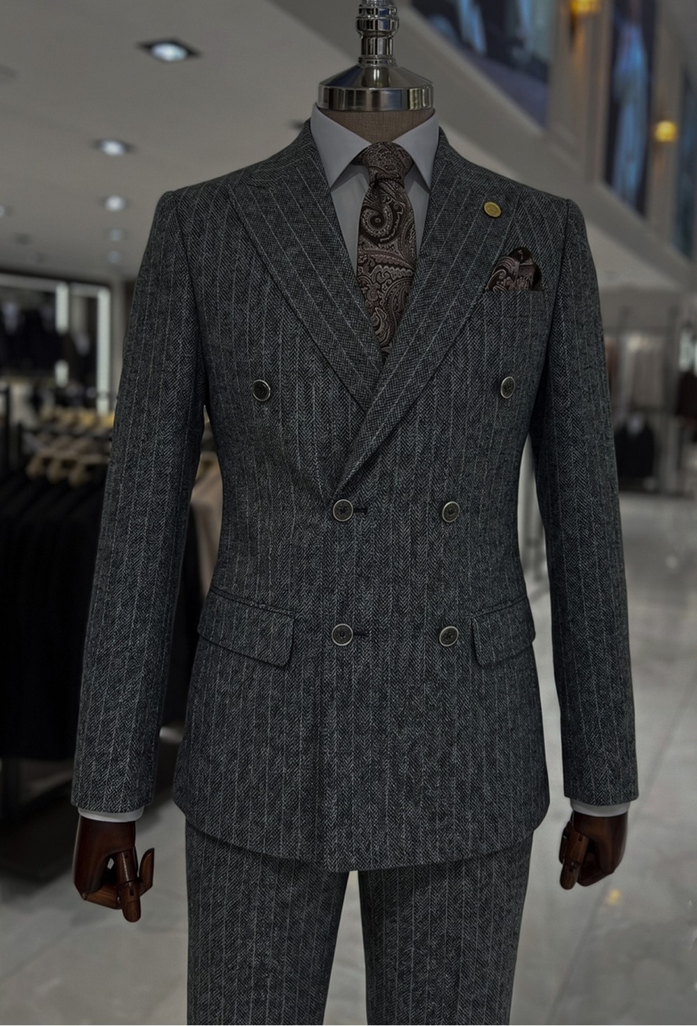 Charcoal Grey Herringbone Chalk Stripe