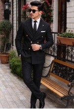 Jet Black Solid Wool-Blend Double-Breasted