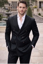 Charcoal Black Herringbone Chalk Stripe Double-Breasted