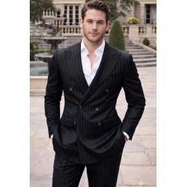 Charcoal Black Herringbone Chalk Stripe Double-Bre..