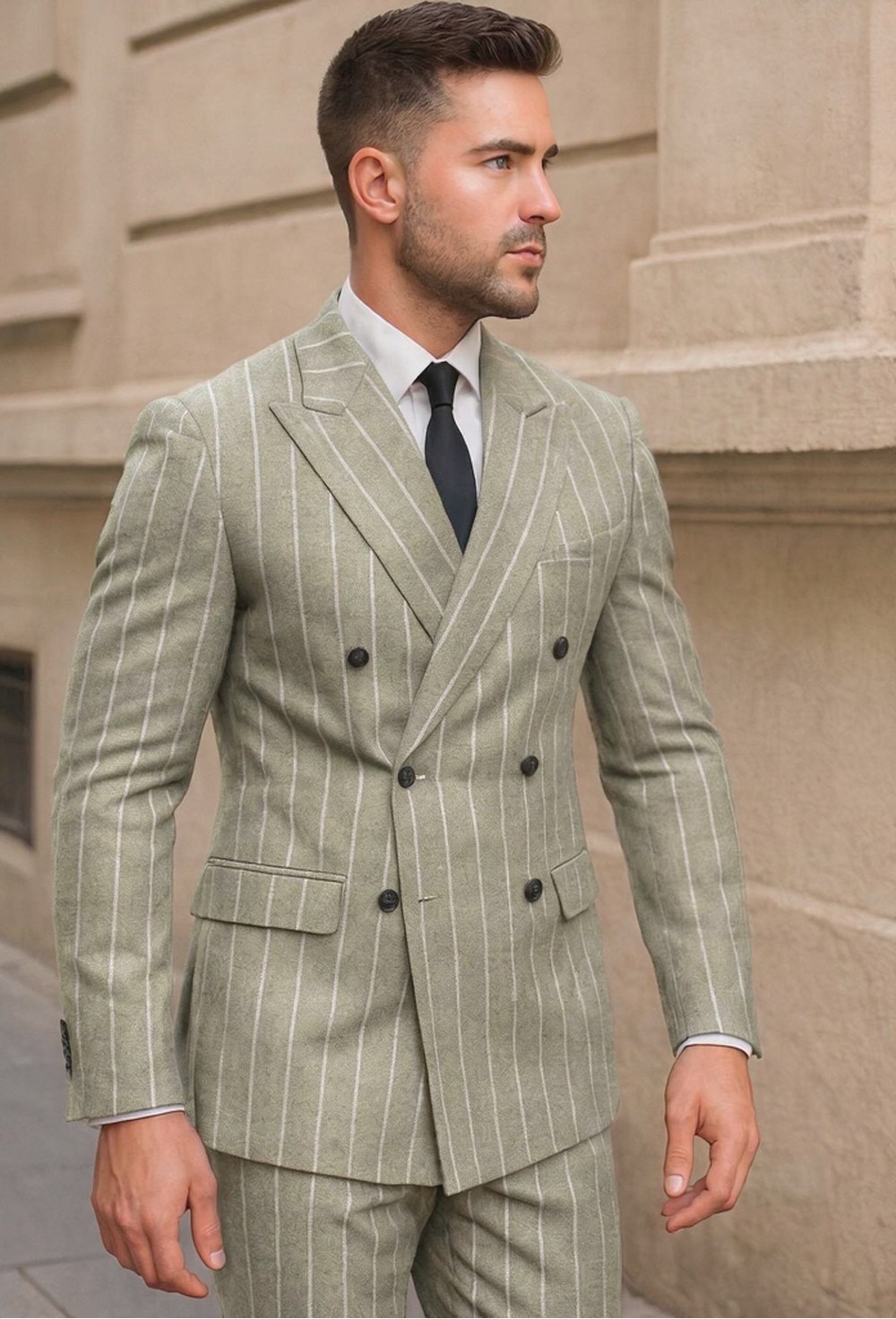 Sage Green Chalk Stripe Double-Breasted
