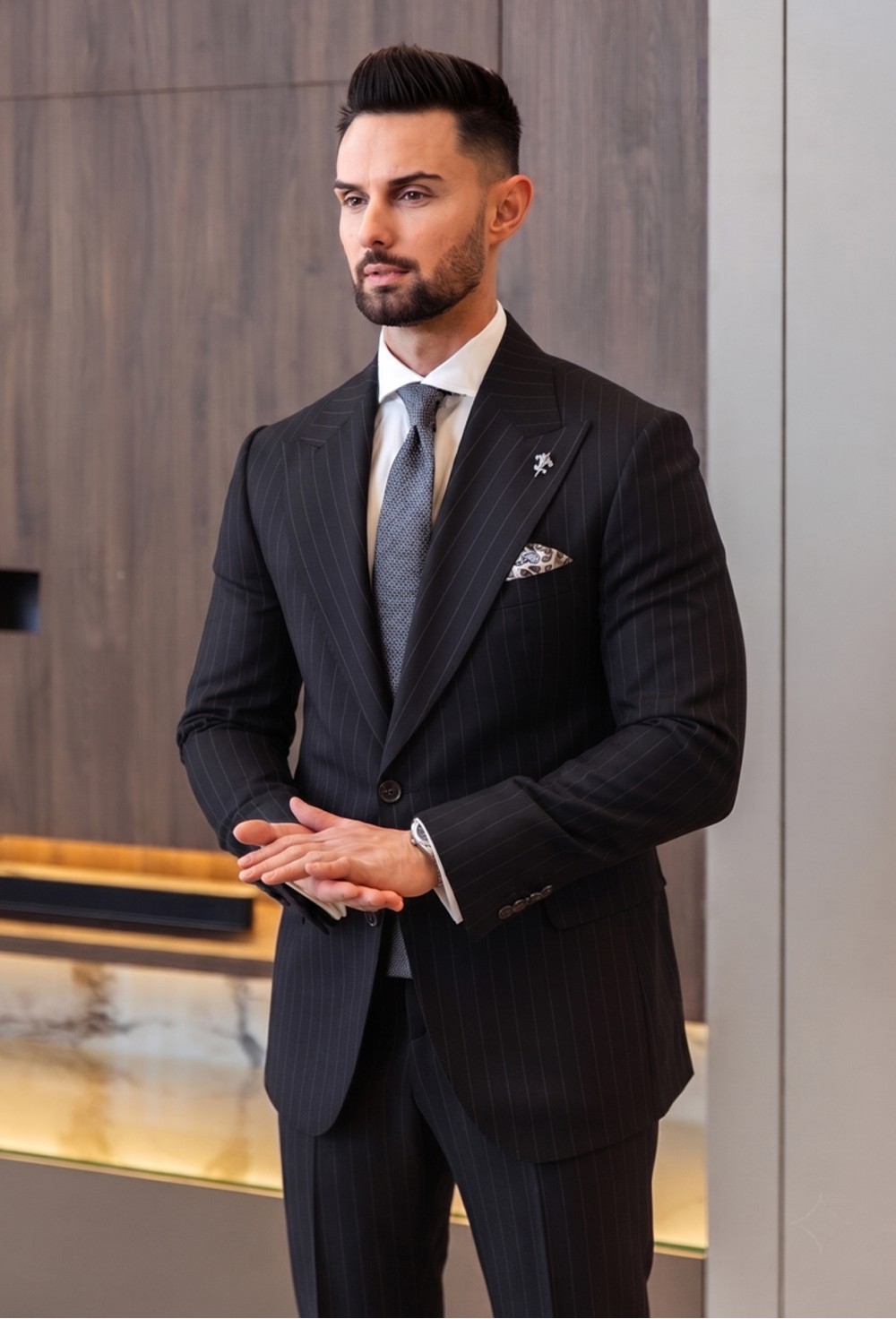 Midnight Black Fine Pinstripe Wool-Blend