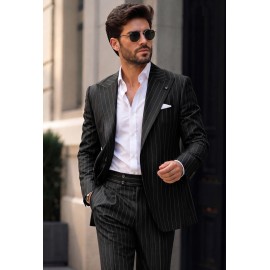 Charcoal Black Pinstripe Gurkha Wool-Blend