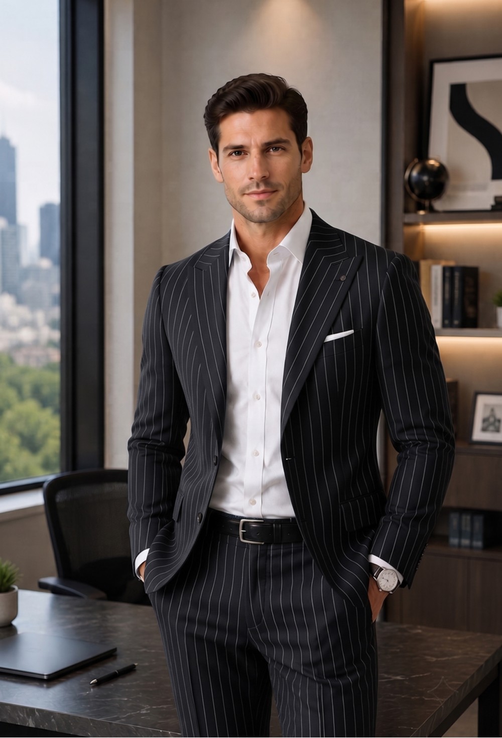 Charcoal Black Chalk Stripe Wool-Blend