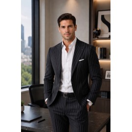 Charcoal Black Chalk Stripe Wool-Blend