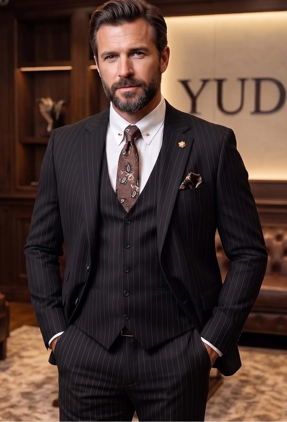 Midnight Black Fine Pinstripe 3-Piece Wool-Blend