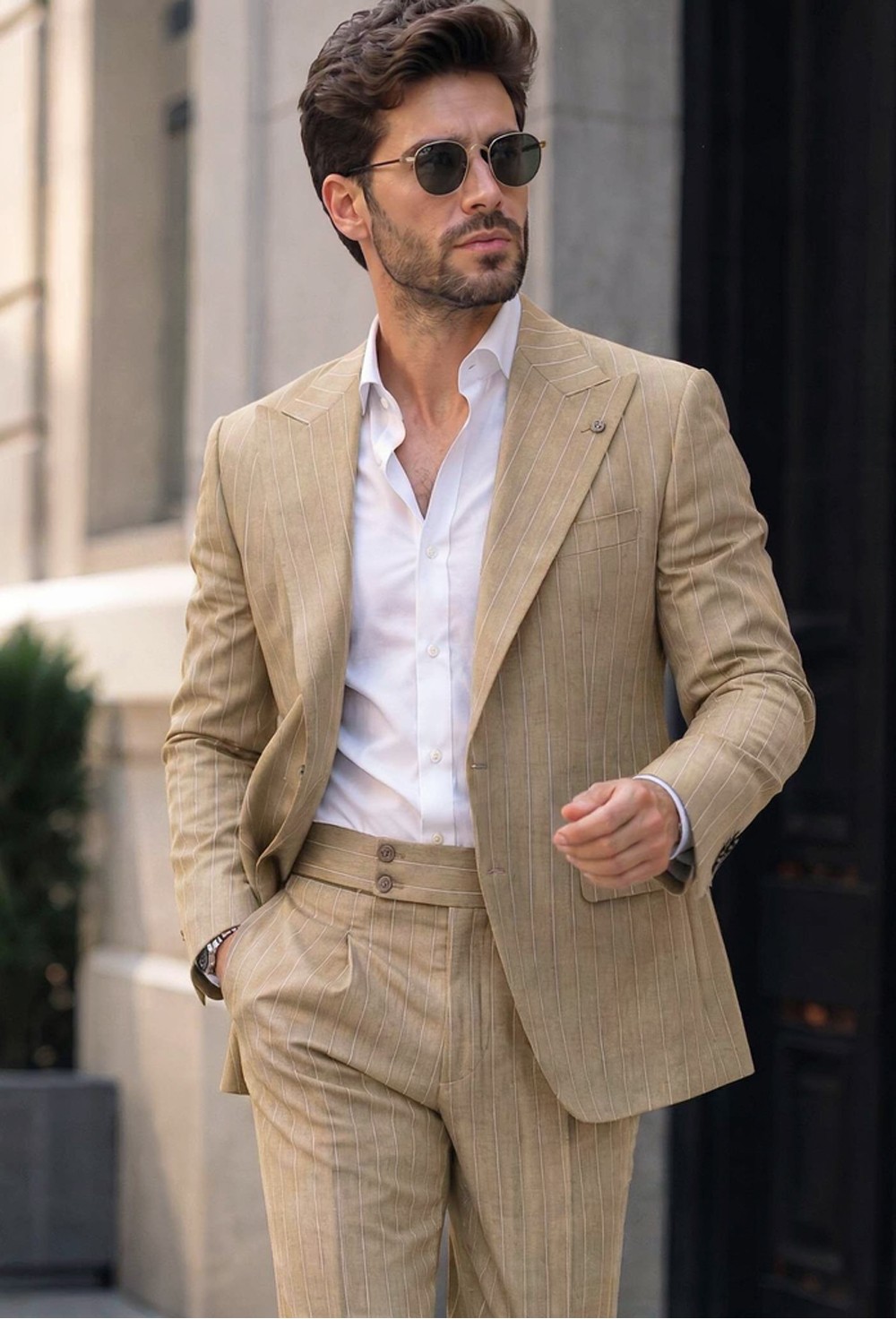 Sand Beige Pinstripe Linen
