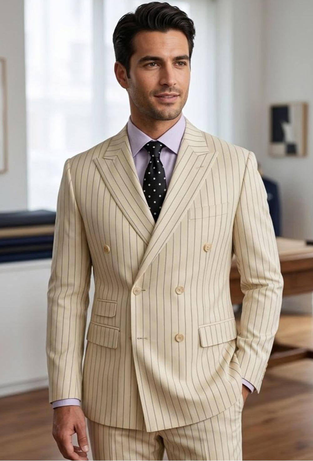 Cream Beige Pinstripe Double-Breasted