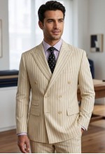 Cream Beige Pinstripe Double-Breasted