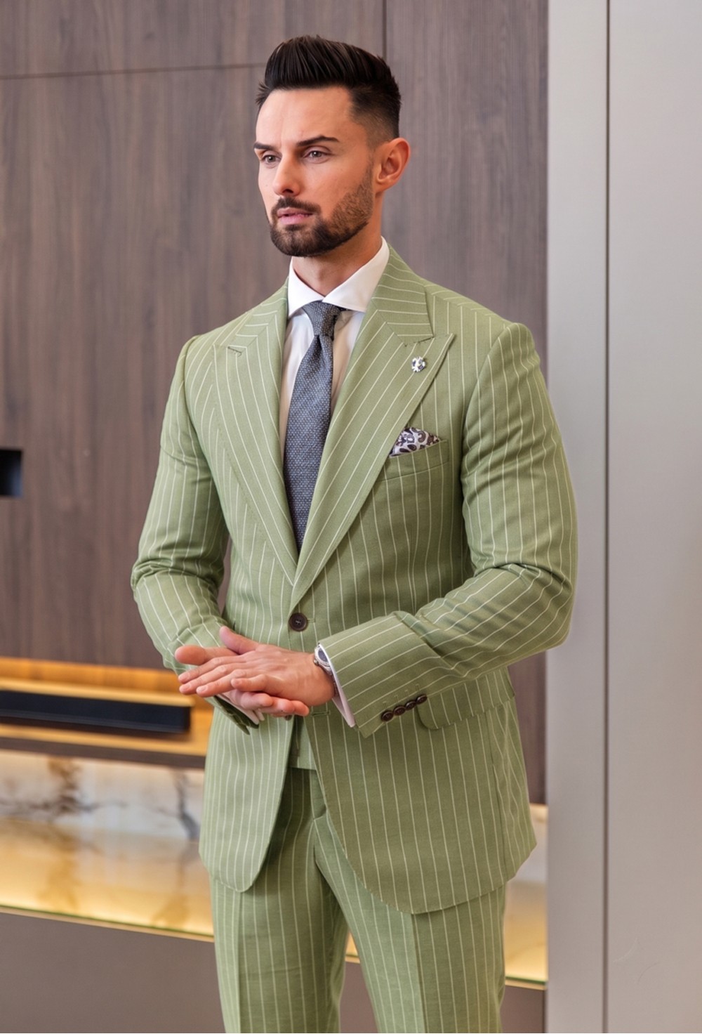 Pistachio Green Pinstripe Linen-Wool